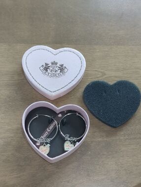 Juicy Couture Silver Hoop Earrings with Pink Heart Charms